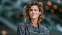 Professional businesswoman with curly blonde hair smiling confidently in modern office environment with blurred city lights background.