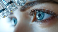 Close-up macro shot of bright blue eye with medical syringe and vials in background, representing vision treatment, ophthalmology, and medical research concept.