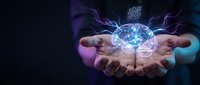 Hands holding glowing brain with electric lightning bolts representing artificial intelligence, neural networks, and innovative technology concepts.