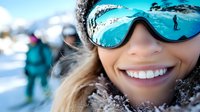 Young woman with bright smile wearing reflective ski goggles showing winter mountain landscape and skiers reflection, enjoying sunny day at snow resort.
