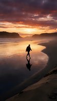 Silhouetted surfer in wetsuit walking on wet sand beach at dramatic golden sunset with towering cliffs and ocean waves, suitable for travel and lifestyle marketing.