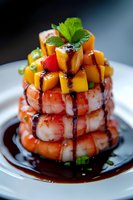 Stacked shrimp tower garnished with fresh mango cubes and balsamic reduction, topped with mint leaf on white plate, elegant gourmet appetizer presentation.