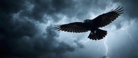 Majestic eagle soaring through dramatic storm clouds with lightning, powerful wings spread wide against dark turbulent sky, symbolizing freedom and strength.