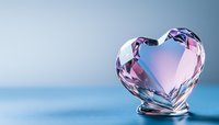 Crystal heart gem with pink and blue reflections on soft blue background, romantic symbol for love and luxury decoration, suitable for greeting cards and valentines.