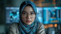 Young Asian Muslim woman professional wearing hijab and glasses in modern office environment with blue technology background and bokeh lights. Corporate workspace setting.