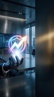 Businessman hand holding glowing neon growth arrow symbol in modern office environment, representing financial success, business development, and upward market trends for corporate presentations.