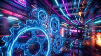 Glowing neon gears and cogs with motion blur in futuristic digital environment, representing technology, automation, and industrial innovation for tech presentations.