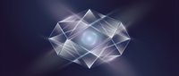 Abstract geometric crystal structure with glowing light core and interconnected transparent facets on dark background for modern design projects.