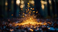 Magical forest scene with glowing golden sparkles and autumn leaves erupting from ground against dark woodland background, creating ethereal light effect at night.