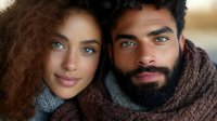 Young diverse couple wearing cozy knit sweaters and scarves sharing intimate moment together, close-up portrait showing genuine connection and warmth.