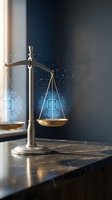 Golden scales of justice with digital holographic elements representing modern legal technology and artificial intelligence in law practice.