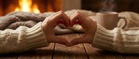 Cozy winter evening with hands forming heart shape by fireplace, warm knitted sweater sleeves, hot beverage mug, romantic atmosphere for Valentine's Day.