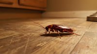 Brown cockroach insect crawling on wooden floor in warm indoor lighting for pest control and hygiene education materials.