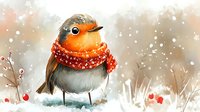 Cute robin wearing red knitted scarf in snowy winter landscape with falling snow and festive decorations for holiday greeting cards and seasonal designs.