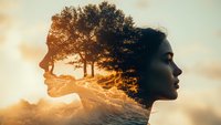 Artistic double exposure portrait combining young African woman's profile with sunset forest landscape, creating ethereal silhouette effect against golden sky.
