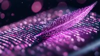 Glowing pink feather with sparkling bokeh effect on dark background creates magical atmosphere with light particles and soft focus macro photography.