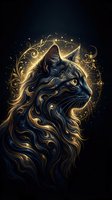 Majestic cat portrait with flowing golden mane and ornate decorative elements on dark background for luxury design projects.