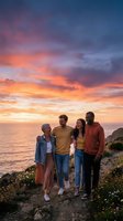 Diverse group of four people standing together on coastal cliff during golden hour sunset, enjoying outdoor gathering with ocean and dramatic sky backdrop for lifestyle and travel content.