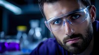 Bearded scientist wearing protective eyewear in research laboratory with purple liquid samples and lab equipment in dark moody lighting. Professional science portrait.