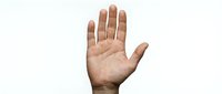 Open palm hand gesture showing stop sign or greeting on white background isolated for design and communication concepts.