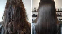Before and after hair transformation showing frizzy, damaged hair becoming smooth, straight, and glossy after professional salon treatment.
