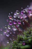 Delicate purple moss capsules with water droplets on slender stems against dark background, creating ethereal macro nature scene.