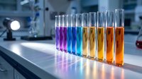 Row of colorful chemical solutions in test tubes arranged on laboratory bench for scientific research and experimentation in modern lab setting.