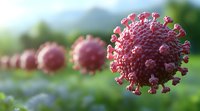 Microscopic view of coronavirus cell structure in pink color with protein spikes on blurred natural background. Medical science visualization for healthcare and research.