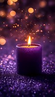 Glowing purple candle with warm flame against magical bokeh background, surrounded by sparkling glitter for meditation, relaxation, or spiritual practices.