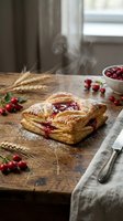Flaky puff pastry filled with cranberry jam on rustic wooden board with fresh cranberries and wheat stalks creating cozy bakery atmosphere.