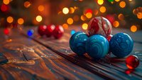 Colorful Christmas ornaments on rustic wooden surface with festive bokeh lights background, perfect for holiday cards and seasonal decorative designs.