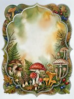 Watercolor autumn forest frame with mushrooms, ferns, berries and leaves creating decorative border with empty center space for text or design elements.