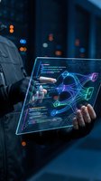 Male developer interacting with a glowing holographic tablet displaying code and network diagrams in a dark futuristic server room.