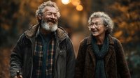 Happy senior Caucasian couple laughing together outdoors in autumn evening light wearing cozy sweaters and jackets for lifestyle and relationship content.