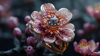 Delicate pink crystal flower brooch with water drops and gemstones on dark background. Luxury jewelry macro photography shows intricate details and sparkle.