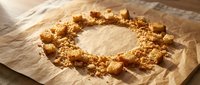 Homemade granola clusters arranged in a circle on parchment paper, showcasing oats, nuts, and golden caramel coating for baking and food styling projects.