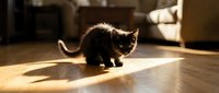 Black kitten walking across wooden floor in sunlight, suitable for pet care, animal behavior, and home lifestyle content.