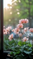 Delicate pink cosmos flowers on windowsill at sunset with soft bokeh background, dreamy atmosphere creates peaceful garden mood for nature and home decor themes.