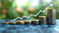 Growing stacks of gold coins with upward arrow showing financial growth and investment success against blurred green natural background.