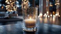 Glowing candle in glass holder with water droplets creates cozy atmosphere against blurred festive lights background, romantic evening ambiance.