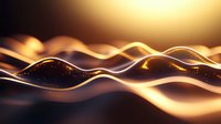 Glowing golden waves with particles flow in dark space creating abstract dynamic background. Futuristic design element for modern graphics.