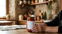 Mature man with weathered hands holding amber glass jar in rustic kitchen with shelves, vintage decor, and natural lighting for product packaging, wellness, and lifestyle marketing.