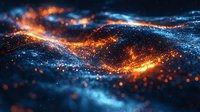 Abstract glowing particles forming waves of orange and blue light against dark background, creating dynamic cosmic atmosphere. Suitable for tech backgrounds.