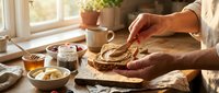 Hands spreading jam on fresh bread slice during cozy breakfast preparation in warm sunlit kitchen with honey jar and coffee cup on wooden table.