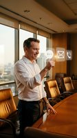 Middle-aged Caucasian male professional in business casual attire interacting with digital communication icons in modern conference room with city skyline view.