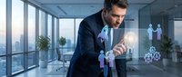 Professional businessman using tablet with holographic interface displaying people icons and gears in modern office with city skyline view.
