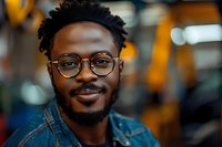 Smiling young African American man wearing glasses and denim jacket against blurred urban background, natural lighting creates warm atmosphere and bokeh effect.