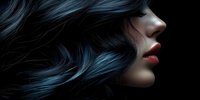 Side profile portrait with flowing blue-black hair against dark background, highlighting red lips and pale skin. Dramatic lighting creates mysterious atmosphere.