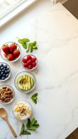 Fresh berries and healthy breakfast ingredients arranged on marble countertop with natural window light for nutritious morning meal preparation.