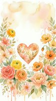 Watercolor floral arrangement with a decorative heart, peach roses, peonies, and yellow blooms in soft pastel tones for greeting cards.